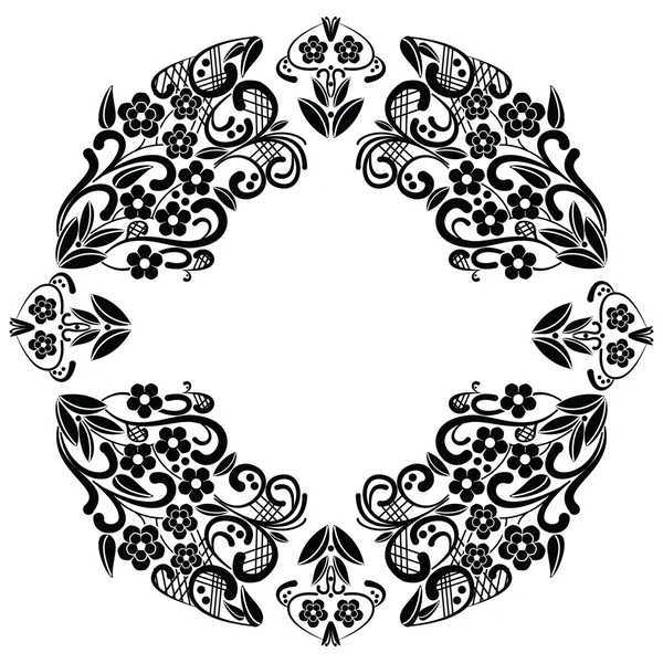 Richelieu embroidery stitches inspired lace pattern with floral elements: leaves, swirl, leaves in black and white in lace in oval baroque frame — Stock Vector