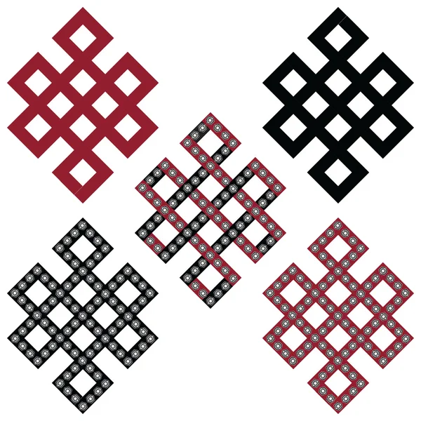 Tradicional geométrico oriental tibetano simétrico sin fin, Eternity Knot zen Auspiciosos Símbolos en negro, blanco y rojo con el elemento de diamantes en el estilo de tatuaje — Vector de stock