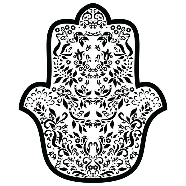 Mano de Hamsa con elementos florales en blanco y negro, amuleto de Oriente Medio que simboliza la Mano de Dios, signo protector que trae felicidad, suerte, salud y buena fortuna . — Vector de stock