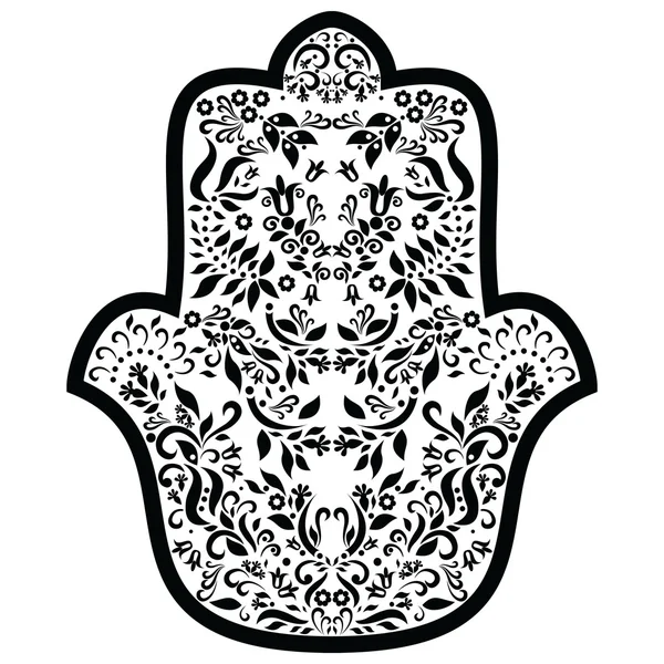 Hamsa มือกับองค์ประกอบดอกไม้ในสีดําและขาวเครื่องรางตะวันออกกลาง สัญลักษณ์มือของพระเจ้า, สัญลักษณ์การป้องกันนําความสุข, โชคดี, สุขภาพ, และโชคดี . — ภาพเวกเตอร์สต็อก