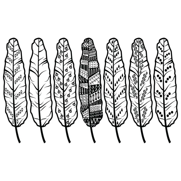 Aztec culture tribal feathers in native American ornaments  style in black and white — Stock Vector