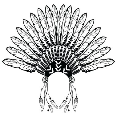 Aztec, ethnic style headdress with plain feathers, beads symbolizing native American tribes and warrior culture in black and white with decorative ornaments  clipart