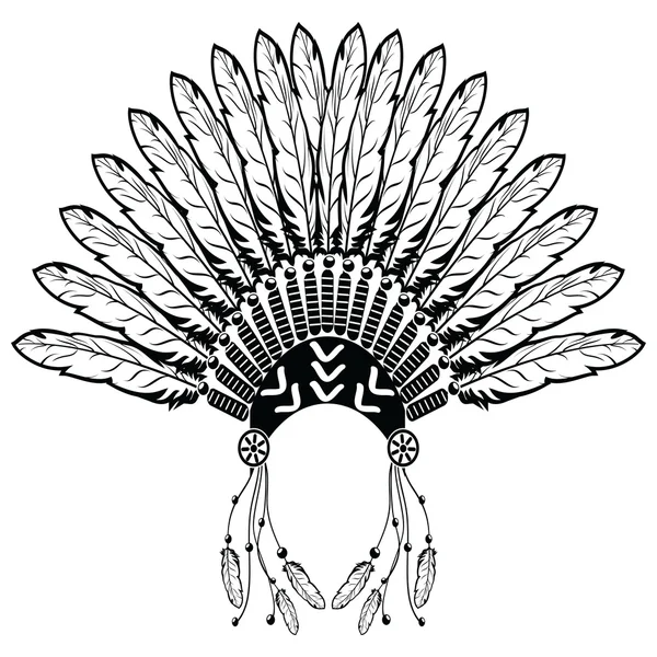 Tocado azteca de estilo étnico con plumas lisas, cuentas que simbolizan las tribus nativas americanas y la cultura guerrera en blanco y negro con adornos decorativos — Vector de stock