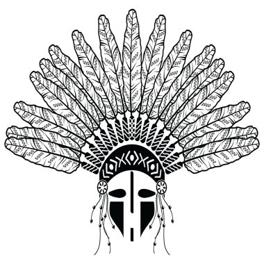 Aztec, ethnic style headdress with decorative feathers, beads symbolizing native American tribes and warrior culture in black and white with decorative ornaments and warrior make up  clipart
