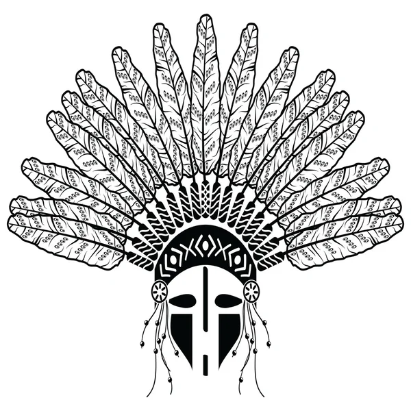 Chapeau de style ethnique aztèque avec plumes décoratives, perles symbolisant les tribus amérindiennes et la culture guerrière en noir et blanc avec ornements décoratifs et guerriers — Image vectorielle