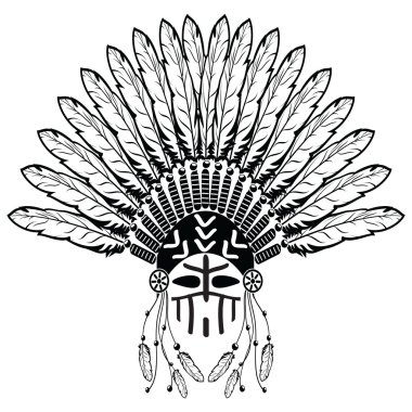 Aztec, ethnic style headdress with plain feathers, beads symbolizing native American tribes and warrior culture in black and white with decorative ornaments and warrior make up  clipart
