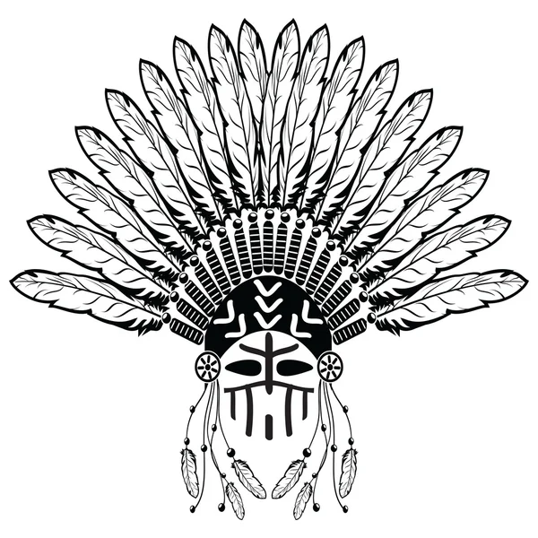 Tocado azteca de estilo étnico con plumas lisas, cuentas que simbolizan las tribus nativas americanas y la cultura guerrera en blanco y negro con adornos decorativos y maquillaje guerrero — Archivo Imágenes Vectoriales