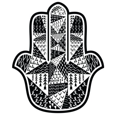 Hamza el Tanrı'nın eli simgeleyen siyah ve beyaz, Orta Doğu muska çiçek Aztek etnik zentangle elemanları ile