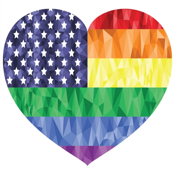 American Flag on the Rainbow Background with low poly art effect in the heart shape representing gay people love, rights, equality,   pride , gay marriage — Stock Vector