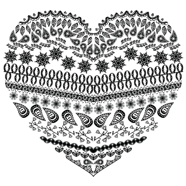 Tribal entangle Aztec heart shape with floral elements in hand drawing lace ornamental style in black white — Stock Vector