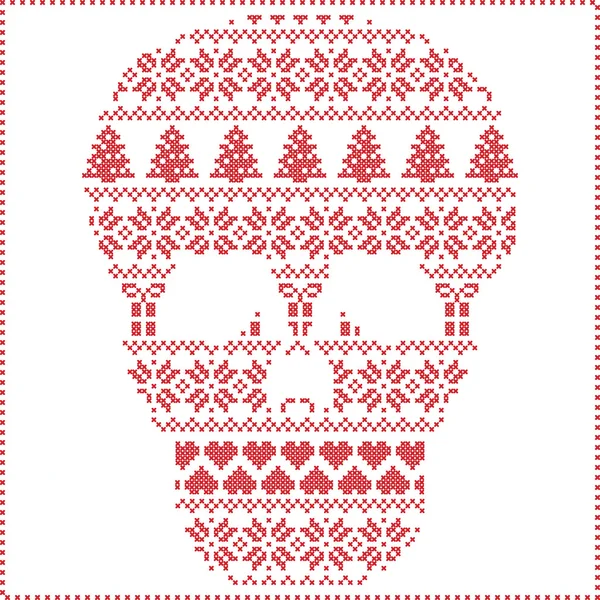 Escandinavo Nordic invierno costura tejer patrón de Navidad en forma de cráneo de azúcar incluyendo copos de nieve, corazones árboles de Navidad regalos de Navidad, nieve, estrellas, adornos decorativos en blanco — Archivo Imágenes Vectoriales