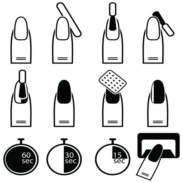 Gel and hybrid  nails preparation process, lacquer up, and protection process under uv and led lamp icon set in black and white — Stock Vector