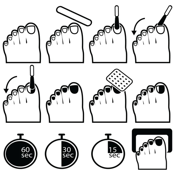 Pedicure gel and hybrid  nails preparation process, lacquer up, and protection process under uv and led lamp icon set in black and white — Stock Vector