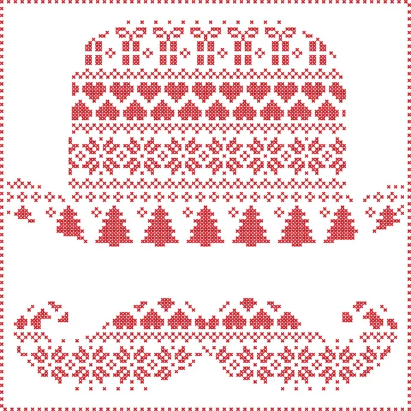 Patrón de Navidad de punto de costura de invierno nórdico escandinavo en forma de bigote y sombrero hipster incluyendo copos de nieve, corazones, árboles regalos de Navidad, nieve, estrellas, adornos decorativos en blanco — Vector de stock