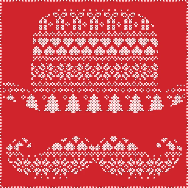 Nordique scandinave couture d'hiver tricot motif de Noël en moustache hipster & forme de chapeau, y compris flocons de neige, cœurs, arbres cadeaux de Noël, neige, étoiles, ornements décoratifs sur fond rouge — Image vectorielle