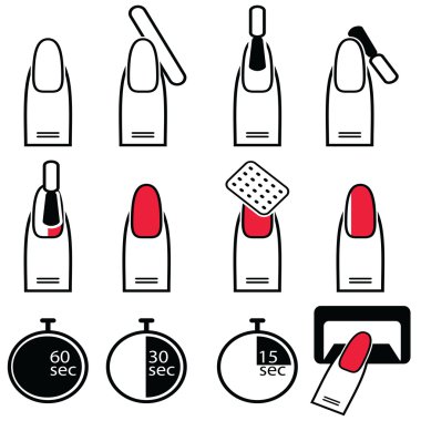 Gel and hybrid  nails preparation process, lacquer up, and protection process under uv and led lamp icon set in black and white and red clipart