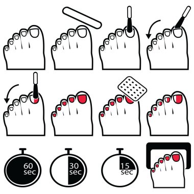 Pedikür jel ve hibrid hazırlık süreci, cila yukarı ve koruma süreci uv altında çivi ve lamba Icon set siyah ve beyaz ve kırmızı led