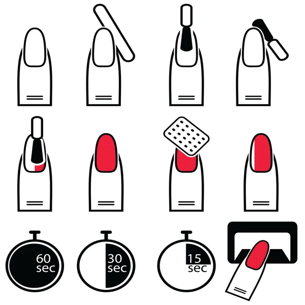 Gel and hybrid  nails preparation process, lacquer up, and protection process under uv and led lamp icon set in black and white and red — Stock Vector