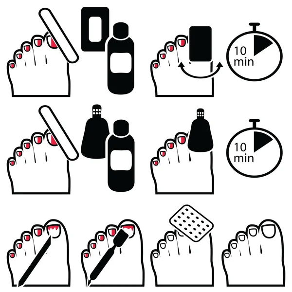 Gel pedicure removal icons in colour. — Stock Vector