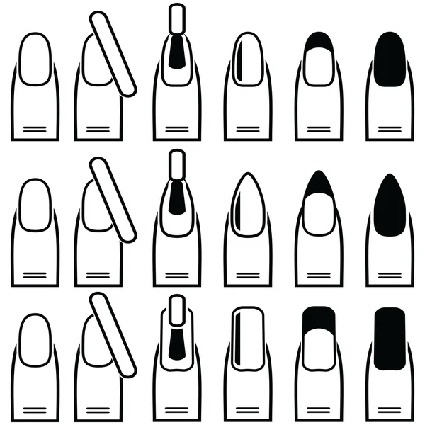 Female manicure  gel and hybrid  nails vary styles and shapes including almond , square , rounded nails and manicure in plain and colour nail style polish, French manicure style as icons set in black and white — Stock Vector