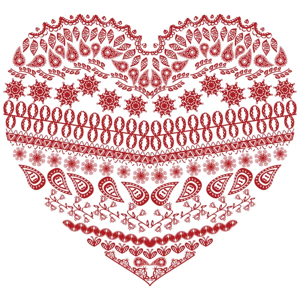 Tribal zentangle Aztec heart shape with floral elements in hand drawing lace ornamental style in red and white — Stock Vector