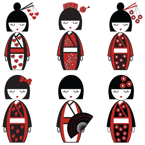 Japanese female dolls inspired by Asian culture, set of 6 dolls with vary outfits including decorative elements,  flowers, hearts, bow, fan , hair sticks in black and red — Stock Vector