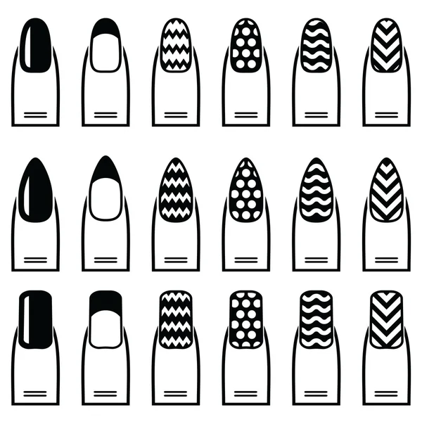 Female manicure  gel & hybrid  including shapes such as almond, square, rounded nails with plain nail polish, French manicure, zig zags elements , waves and decorative dots & lines in  black and white — Stock Vector