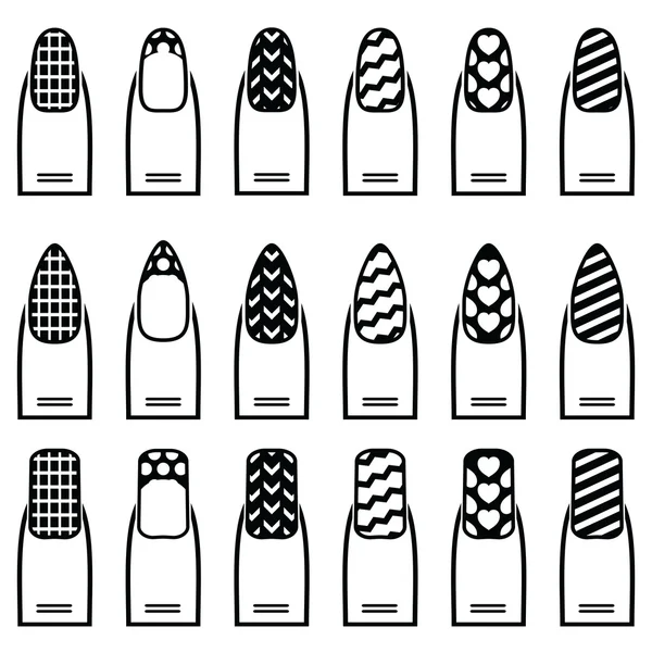 Female manicure  gel & hybrid nails  including shapes like almond, square, rounded nails with plain nail polish, French manicure, zig zag , waves,  decorative dots, hearts diagonal lines monochrome — Stock Vector