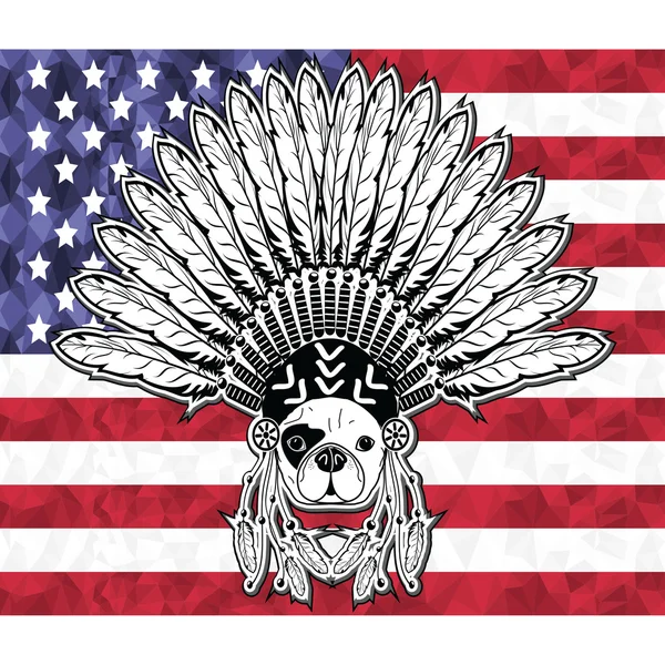Bulldog francés de estilo guerrero con tocado tribal con plumas lisas en blanco y negro que simboliza a los nativos americanos y el día de la independencia en la bandera estadounidense en estilo polivinílico bajo — Archivo Imágenes Vectoriales