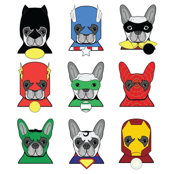 French bulldog  heroes in in color icons set — Stock Vector