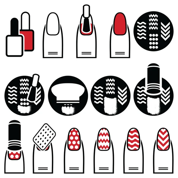 Female gel & hybrid manicure with stamping decorative element with use of stamp metal pattern plate, nail polish in black an white icons set  in black red  and white — Stock Vector