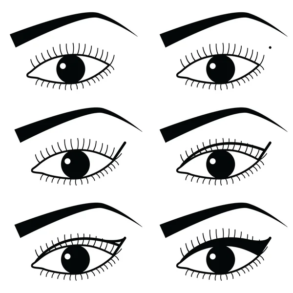 Очі макіяж з використанням підводка для очей в азіатському стилі підручник метод 2, прості чорно-білі очі набір іконок — стоковий вектор