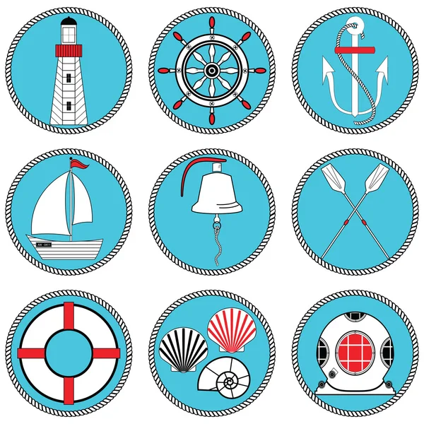 Elementos náuticos ícones tipo 1 definidos em círculo atado, incluindo sino de barco, barco, remos, leme, máscara de mergulho vintage, anel de vida, casa de luz, conchas do mar e âncora — Vetor de Stock