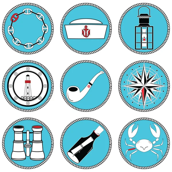 Nautical elements type 4 icons in knotted circle including sailors hat, chain , pipe, message in the mottle, crab, rose winds, rudder, anchor, light house, boat style windows, lantern, binoculars — Stock Vector