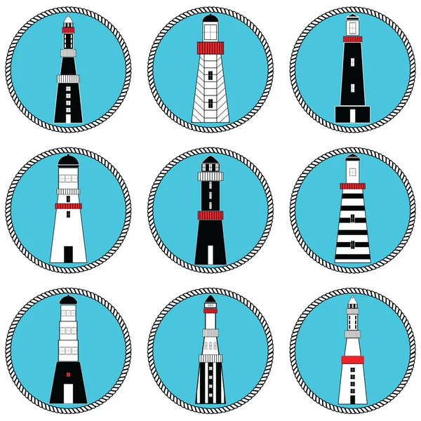 Fyrtårne i forskellige former og stilarter kollektion sæt i nautiske farver i knyttede cirkel form repræsenterer kystnære vintage arkitektur stil – Stock-vektor