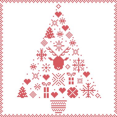 Noel ağacı şekil dahil kar taneleri, Kalpler, Noel ağaçları, kar, yıldız, dekoratif süs eşyaları, beyaz arka plan üzerinde Ren geyiği desende dikiş İskandinav Norveç tarzı kış