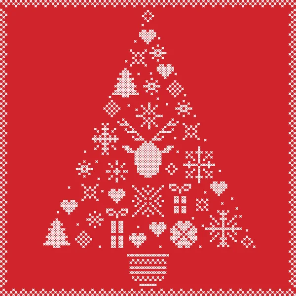 Scandinavian Norwegian style winter stitching Christmas pattern in tree shape including snowflakes, hearts, Xmas trees, snow, stars, decorative ornaments, reindeer on red  background — Stock Vector