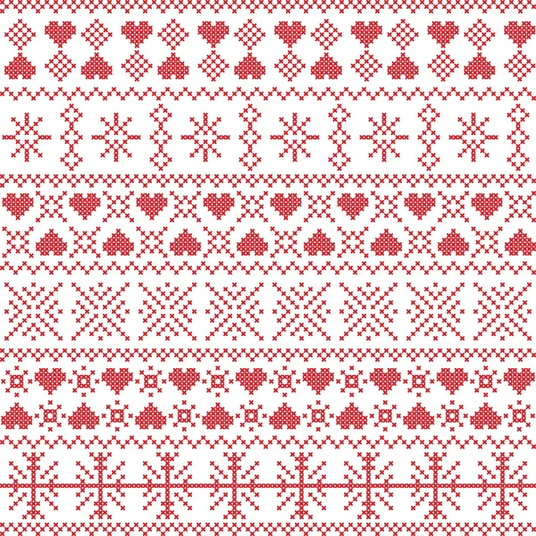 Escandinavo, estilo nórdico invierno costuras Patrón sin costuras de Navidad incluyendo copos de nieve, corazones, nieve, estrellas elementos y adornos decorativos en rojo sobre fondo blanco — Vector de stock