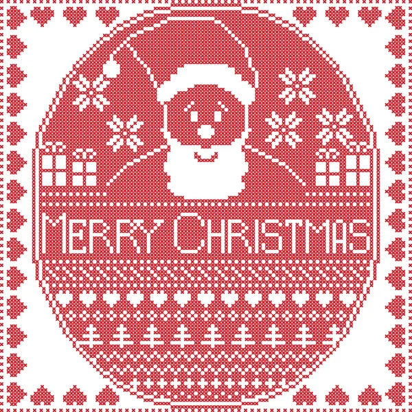 Рождественская открытка с зашитыми, вязаными элементами, включая елки, подарки, Санта Клауса, рождественский знак, снежинки и звезды — стоковый вектор