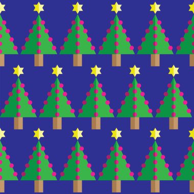 Geometrik seamless modeli Noel ağaçları, pembe baubles ve koyu mavi zemin üzerine iki ayrı bir yıldız  