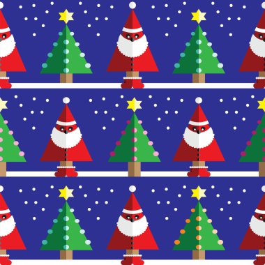 Geometrik Noel Baba, kar, Noel ağaçları ile açık mavi, turuncu, pembe ışık ve koyu mavi zemin üzerine iki ayrı yıldız öğesinde ile Seamless Modeli 