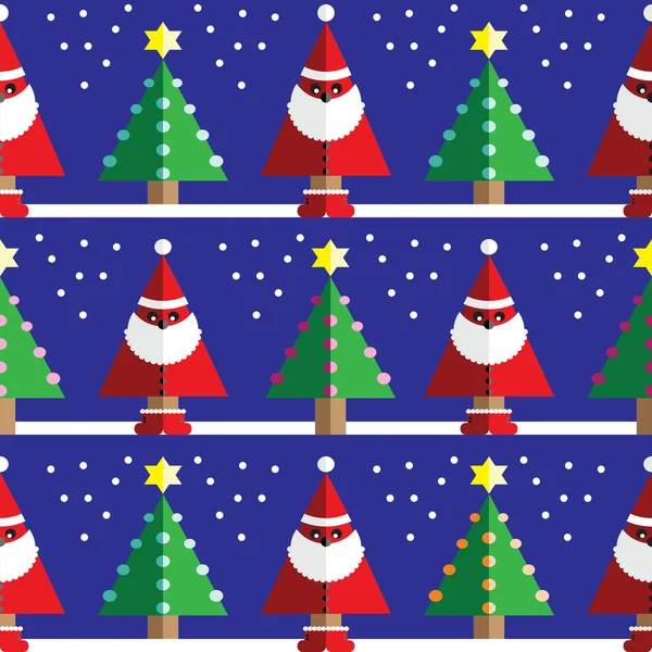 รูปแบบไร้เย็บด้วยเรขาคณิตซานตาคลอส, หิมะ, ต้นคริสต์มาสที่มีแสงสีฟ้า, ส้ม, ไฟสีชมพูและองค์ประกอบดาวในสองเฉดสีบนพื้นหลังสีฟ้าเข้ม — ภาพเวกเตอร์สต็อก