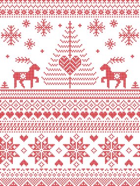 İskandinav tarzı ve İskandinav kültürü Noel ve şenlikli kış Dikişsiz desen dikiş tarzı çapraz Noel ağaçları, kar taneleri, başlar, Ren geyiği, Kalpler, dekoratif süsler ile kırmızı ilham