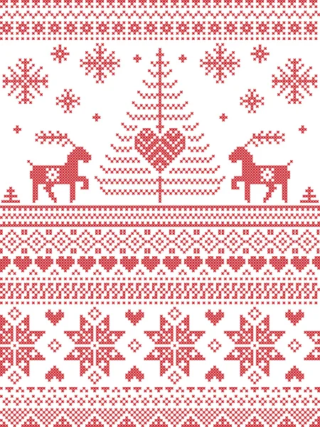 Estilo escandinavo y cultura nórdica inspiraron la Navidad y el invierno festivo patrón sin costuras en estilo de punto de cruz con árboles de Navidad, copos de nieve, arranques, renos, corazones, adornos decorativos en rojo — Archivo Imágenes Vectoriales