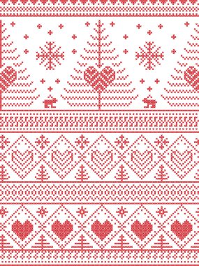 İskandinav tarzı ilham Noel ve şenlikli kış Dikişsiz desen dikiş tarzı Xmas ile çapraz ağaçlar, kar taneleri, tavşan, yıldız, Kalpler, kırmızı ve beyaz dekoratif süs eşyaları