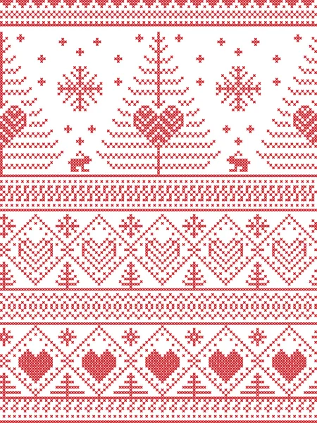 Skandinavischen Stil inspiriert Weihnachten und festlichen Winter nahtlose Muster im Kreuzstichstil mit Weihnachtsbäumen, Schneeflocken, Kaninchen, Sternen, Herzen, dekorativen Ornamenten in rot und weiß — Stockvektor