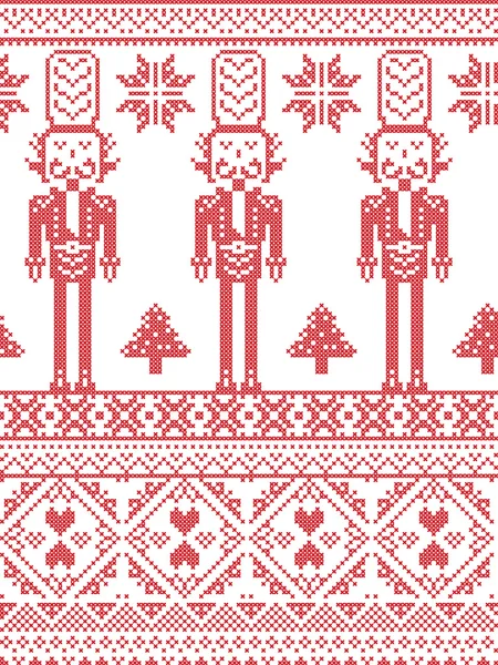 Estilo textil estampado escandinavo e inspirado en la Navidad noruega y el patrón festivo sin costuras de invierno en punto de cruz con árboles de Navidad, copos de nieve, Cascanueces Corazones de soldado ornamentos decorativos — Vector de stock