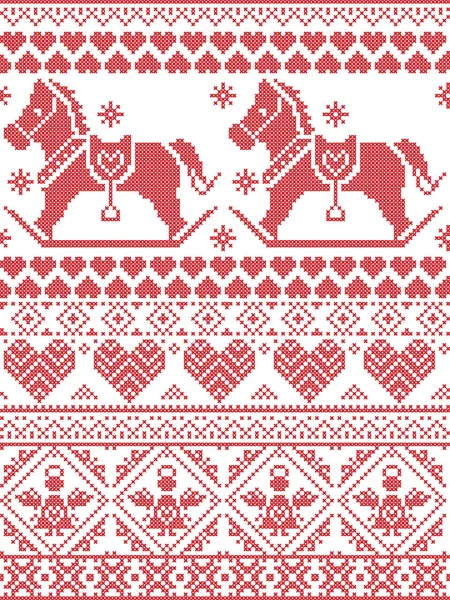 Estilo textil estampado escandinavo sin costuras e inspirado en la Navidad noruega y el patrón sin costuras de invierno festivo en punto de cruz con copos de nieve, caballo mecedora, corazones de ángeles y adornos decorativos — Vector de stock