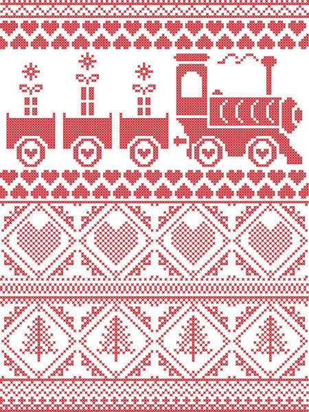 Stile tessile stampato scandinavo e ispirato al Natale norvegese e al motivo festivo invernale senza cuciture a punto croce con regali, treno di sugo, albero di Natale, cuore e ornamenti decorativi — Vettoriale Stock