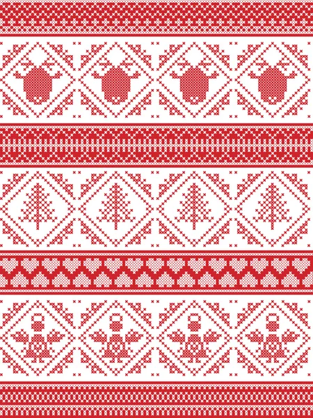 Skandinavischen bedruckten Textilstil und inspiriert von norwegischen Weihnachten und festlichen Winter nahtlose Muster in Kreuzstich mit Engel, Weihnachtsbaum, Herz, Rentiere und dekorativen Ornamenten — Stockvektor